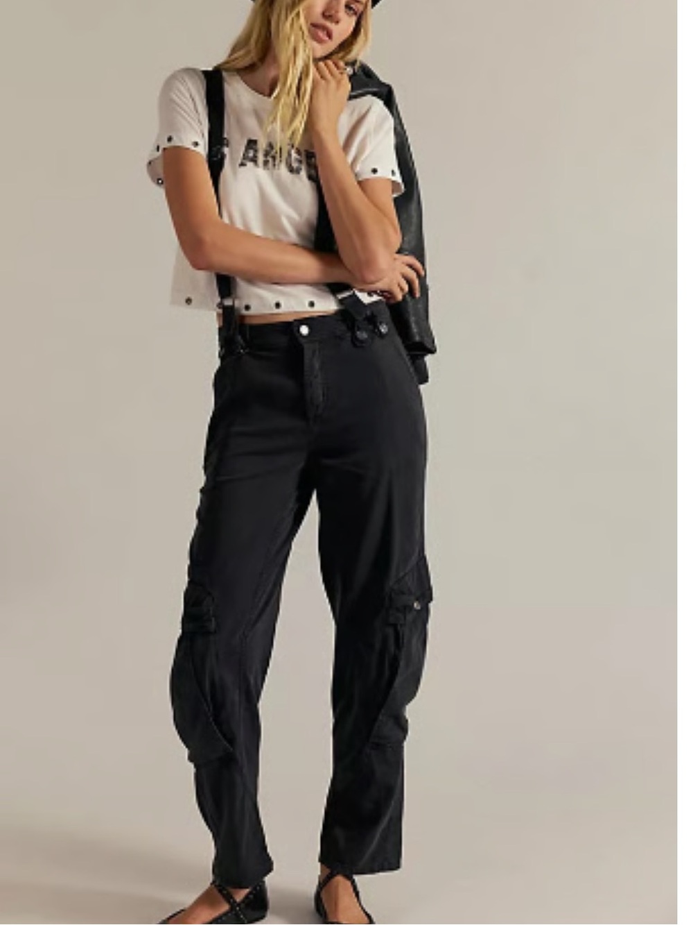 Free People We The Free Carson Slouchy Cargo Tapered Pants Suspenders Gray Sz 4